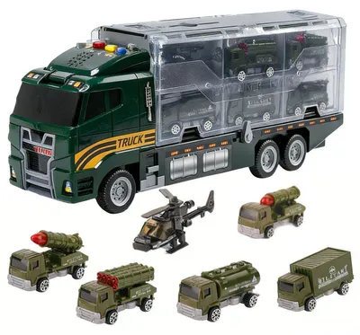 Produktbild von 7-in-1 LKW Fahrzeug Spielzeug Set mit 6 Druckguss Rennwagen, Kampfauto Spielzeug, Kindergeburtstagsgeschenke fuer ueber 3 Jahre alte Jungen Maedchen,Gruen