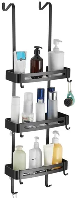 Image de Étagère de douche suspendue, 3 niveaux, en aluminium inoxydable, noire, avec crochets