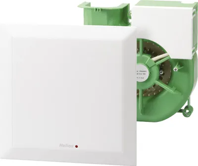 A white square ventilation unit with a green fan housing.