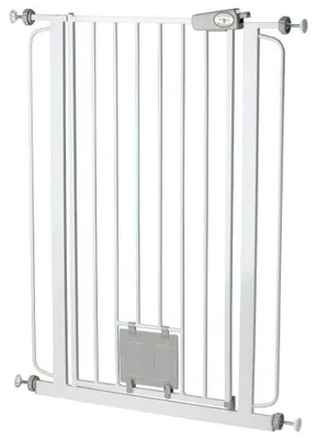 Obrázek produktu pro Bezpečnostní zábrana pro psy s dvířky pro kočky - Bez vrtání - 75 až 84 cm - Bílá - Výška 104 cm