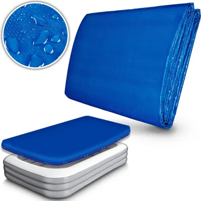 A blue pool cover is shown in different states: folded, laid out, and on top of an inflatable pool.