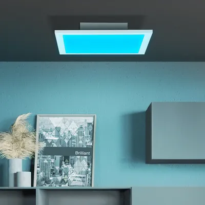 A modern living room with a ceiling light and framed artwork.