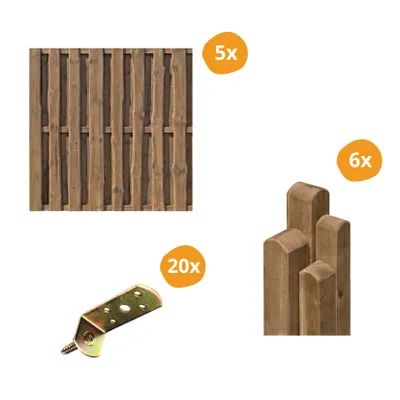 Produktbild von Bohlenzaun Set NATURA Braun - 5 Zäune, 6 Pfosten, 20 Flechtzaunhalter