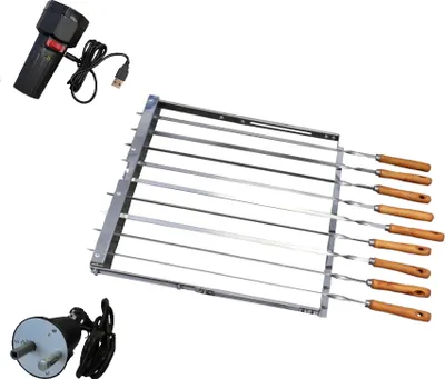 A set of stainless steel skewers with wooden handles and two electric motors for turning them, displayed on a white background.