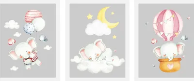 Produktbild von Wandposter fürs Kinderzimmer Elefanten mit Luftballons Wolken 3x 30x40