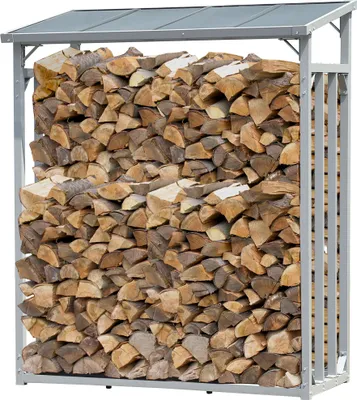 A metal firewood rack filled with logs, with a gray roof.