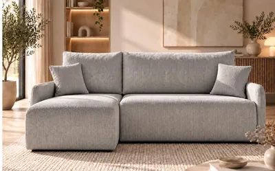 Produktbild von Ecksofa FLUFFY L-Form, Universal, Modernes Bettsofa mit Schlaffunktion und Bettkasten, Schlafsofa, Couch beidseitig montierbar, GRAU - POSO 55