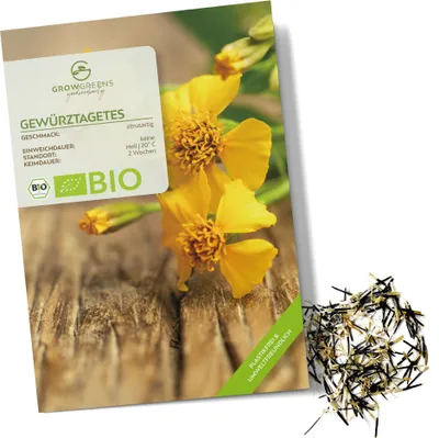 Produktbild von Gewürztagetes Samen - Tagetes Saatgut aus biologischem Anbau - Vielseitige Heilpflanze mit essbaren Blüten & ideal für eine bunte Blumenwiese (100 Korn)
