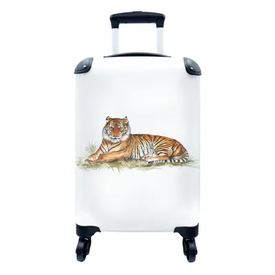 Produktbild von MuchoWow® Koffer Handgepäck Trolley Rollkoffer Kleine Reisekoffer mit 4 Rollen - Tiger - Bild - Gras - Cabin Size < 55x40x23 cm & 55x40x20 cm - Fotokoffer - Kabinenkoffer - Boardgepäck - Reise-Box - Reisekoffer - Reisegepäck - Koffer mit Bild - Trolley für Kinder