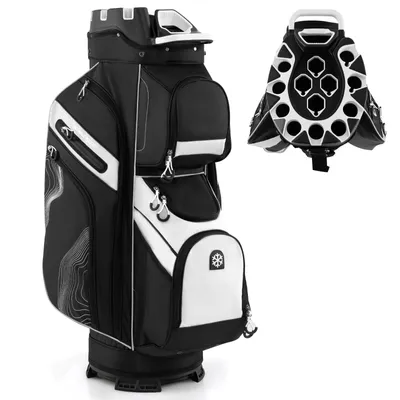 Zdjęcie produktu dla Torba golfowa COSTWAY, lekka torba na wózek golfowy z pokrowcem przeciwdeszczowym, 11 kieszeniami, 14 przegrodami i paskiem do przenoszenia, przenośna torba golfowa, torba na wózek golfowy, czarna