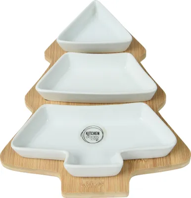 Produktbild von Servierschalen mit Holztablett Tannenbaum Form 28x20cm Porzellan Weiß