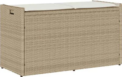 Zdjęcie produktu dla Ławka ogrodowa ze schowkiem i poduszką beżowa 100 cm polirattan