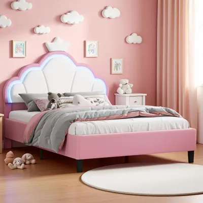 Produktbild von UnboxG Polsterbett 140x190cm mit Lattenrost, Kinderbett mit Kronenförmigem Kopfteil, Jugendbett mit Led, Prinzessinnenbett Holzbett, Samtstoff, Rosa