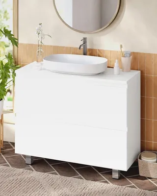 Produktbild von Waschbeckenunterschrank, Badezimmerschrank mit 2 Große Schubladen, Unterschrank Waschbecken mit Füßen, Viel Stauraum, 80 x 30 x 56 cm, Weiß