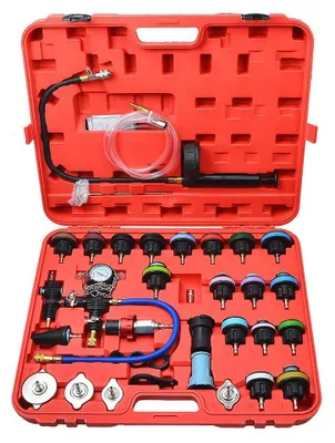 Image de Testeur de pression pour radiateur automobile - Kit de test complet pour système de refroidissement (34 pièces) - Outil de remplissage sous vide - Testeur de fuites pour radiateurs à eau - Outil pour le remplacement du liquide de refroidissement - Ensemble de 34 pièces