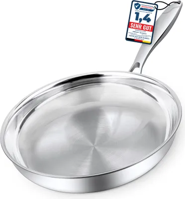 Produktbild von Morleos Edelstahlpfanne 28cm Unbeschichtet | 5-Schicht - 3mm -1,3 kg | Bratpfanne aus Edelstahl für Induktion | Spülmaschinenfest & Backofenfest bis 400°C | hochwertige Gastroqualität