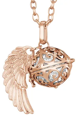 Produktbild von Morella Damen Halskette roségold Edelstahl 70 cm mit roségoldenem Anhänger Engelsflügel und Klangkugel Zirkonia weiß Ø 16 mm in Schmuckbeutel