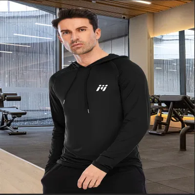 Obrázek produktu pro Pánská sportovní mikina s dlouhým rukávem s kapucí Mikina s kapucí na běhání Sportovní oblečení pro běhání Tělocvična Fitness Jogging Černá XXL