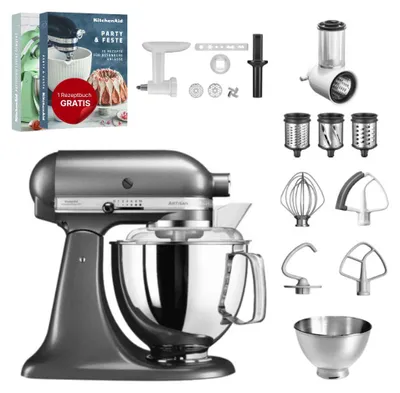 Produktbild von KitchenAid 4,8 L 5KSM175 Artisan Küchenmaschine Set 3 Gemüseschneider+Fleischwolf+Spritzge Medallion Silber