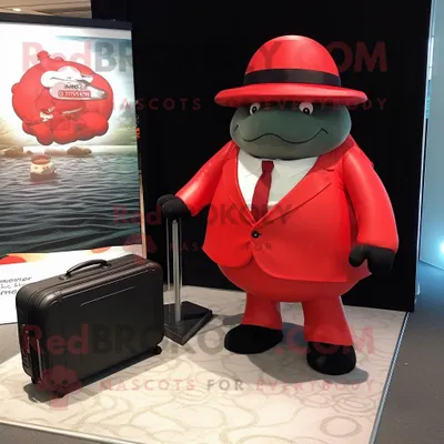 Productafbeelding van Rode Glyptodon mascotte REDBROKOLY kostuum karakter gekleed met een smoking en aktetassen