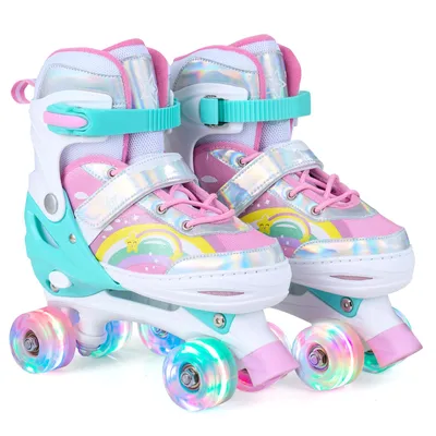 Produktbild von COSTWAY Rollschuhe Kinder Rainbow, 4 Größen verstellbar, Quad Skates mit LED Leuchtend Rädern, Kinderrollschuhe draußen, Roller Skates für Kinder 5+