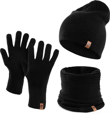 Produktbild von Herren Wintermütze Schlauchschal Handschuhe 3 teiliges Set | Warme Winter Mütze Schal Winterhandschuhe Schwarz