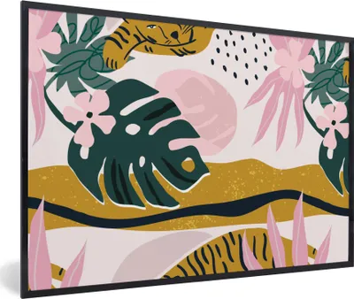 Produktbild von MuchoWow® MuchoWow® Gerahmtes Poster Tiger - Pflanzen - Dschungel - Muster 30x20 cm - Poster mit zchwarzem Bilderrahmen - Kunstdruck - Bild-Poster