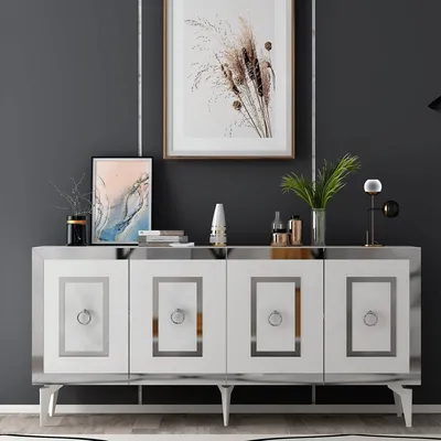 Produktbild von Skye Decor, Karya - White, Silver, Wohnzimmerschränke, Weiß, 150 x 40 x 79 cm