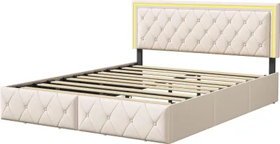 Image de Fortuna Lai Lit rembourré 160x200 cm avec LED, 4 tiroirs métalliques, housse en PU, sommier à lattes, pour adolescents & adultes, Beige