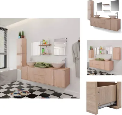 Image de vidaXL Ensemble de meubles de salle de bains 11 pièces avec lavabo et robinet Beige - ensembles de meubles de salle de bains