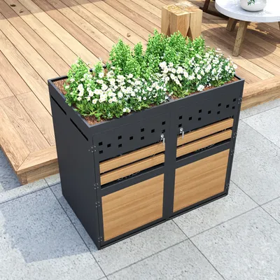 Produktbild von MODFU Müllbox Mülltonnenbox Aufbewahrungsbox für Mülltonnen, 2er mit Pflanzdach, 120-240 Liter, Anthrazit Tür in Holzoptik inkl. Erweiterungsmöglichkeit