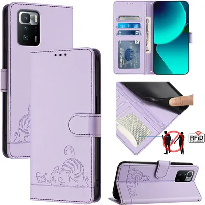 Produktbild von Leder Hülle für Xiaomi Poco X3 GT Süße Katze Flip Case Brieftasche Schutzhülle mit Standfunktion Lila