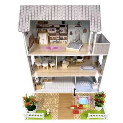 Produktbild von 4iQ Holzpuppenhaus ROZALIA 70x60x24 cm mit Garten und Zubehör