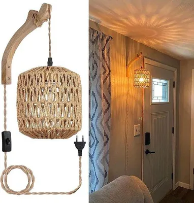 Zdjęcie produktu dla Retro drewniana lampa ścienna z abażurem z rattanu i włącznikiem
