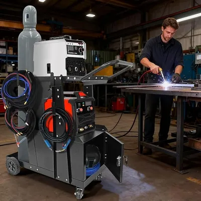 Productafbeelding van Laswagens met 3 opbergvakken, lasapparaatwagens met een maximaal draagvermogen van 100 kg, mobiele laswerkplaatsen met kanteltafel, werkplaatswagens met 360° draaiende wielen, afsluitbare deur voor alle gangbare lasapparaten en plasmasnijders