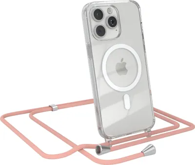 Produktbild von EAZY CASE - Handykette kompatibel mit Apple iPhone 15 Pro Max Kette zum Umhängen Stoßfest Handyhülle für Apple iPhone 15 Pro Max Silikon Hülle mit Band Transparent als Fallschutz in Alt Rosa - Clips Silber