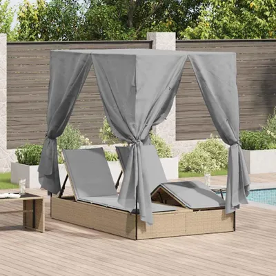 Produktbild von "2026 Promotion" Doppelte Sonnenliege, Strandliege, Gartenliege, mit Dach Beige 205x129x200 cm - Liegestuhl CC19965