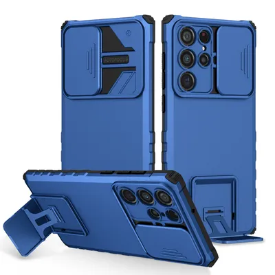 Immagine prodotto di Custodia per Samsung Galaxy S23 Ultra a doppio strato robusta, protezione militare con supporto e protezione fotocamera scorrevole blu