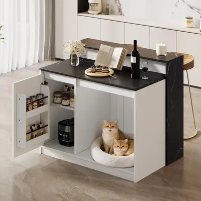 Immagine prodotto di Isola cucina Merax con bancone bar e zona relax per animali domestici, tavolo bar effetto marmo, tavolo da cucina multifunzionale, carrello da cucina, credenza, nero + bianco