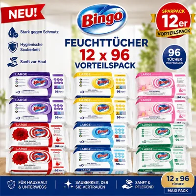 Produktbild von Bingo Feuchttücher Mix Set 12x96 Blatt – 6 Düfte je 2x – Großpackung Reinigungstücher