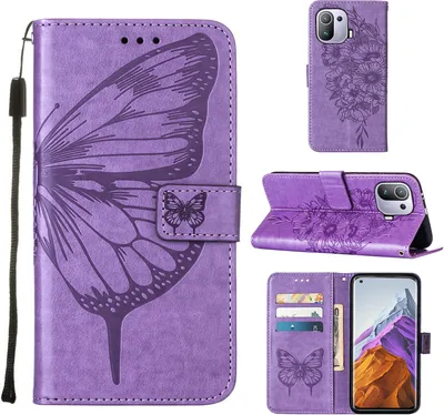 Produktbild von Xiaomi Mi 11 Pro Hülle, Schmetterling Prägung Flip Leder Kartenfächer Schutzhülle Ledertasche mit Ständer für Xiaomi Mi 11 Pro Violett