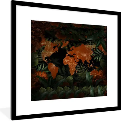 Produktbild von MuchoWow® MuchoWow® Gerahmtes Poster Weltkarte - Gold - Rot 40x40 cm - Poster mit zchwarzem Bilderrahmen - Poster - Plakat im Rahmen