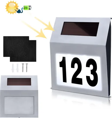 Produktbild von LZQ Solarhausnummer LED Solar Außenwandleuchte Hausnummernleuchte 2 LEDs Solar-Panel mit Dämmerungsschalter und amorphem Silizium Silber