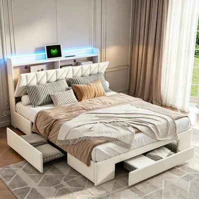 Produktbild von INONEFT Polsterbett 140x190cm mit USB und Lattenrost, 3 Schubladen, Doppelbett Stauraumbett mit LED, Modernes Funktionsbett, Samt, Beige