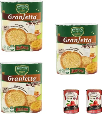 Produktbild von 3x Buitoni Granfetta Fette Biscottate Integrali mit Vollkornmehl 40 fette Vollkorn Zwieback Kekse 300g + Italian Gourmet 100% italienische geschälte Tomaten dosen 2x 400g