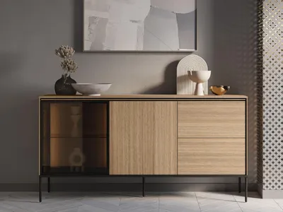 Obrázek produktu pro Prosklená kombinovaná komoda ANACORTES - dub + LED osvětlení