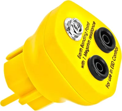 Produktbild von Minadax® Erdungsbaustein EBP Innovativer ESD-Schutz - Antistatik-Schutzkontaktstecker - 1 x Druckknopfbuchse und 2 x Bananenstecker-Buchse - 1 Megaohm Sicherheitswiderstand