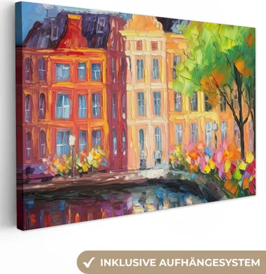 Produktbild von MuchoWow® - Leinwandbilder - Ölgemälde - Amsterdam - Kunst - Farbenfroh, Wandbild, Wanddeko Bilder Wohnzimmer, 120x80 cm