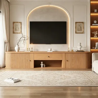 Produktbild von Merax TV Lowboard Fernsehtisch mit 2 Rolltüren und 1 Schublade, 180cm TV-Schrank mit Runddesign, TV Board für 75 Zoll Fernseher, Natur Optik