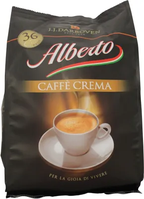 A bag of Alberto 'Caffe Crema' coffee pads.